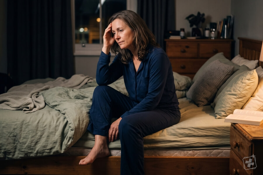 Žena kolem 45 let sedí v noci na kraji postele a nemůže spát – poruchy spánku a návaly horka v perimenopauze.